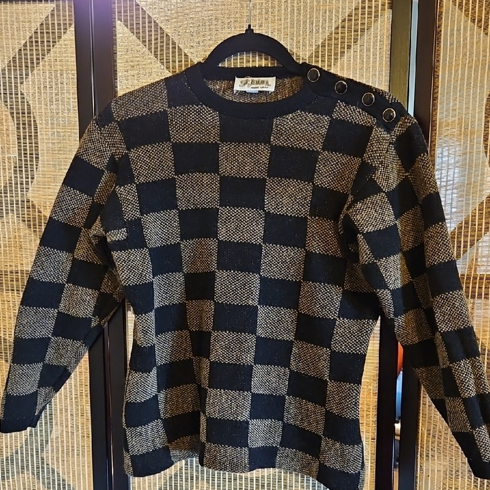 St. John Black and Tan Plaid Crewneck Sweater